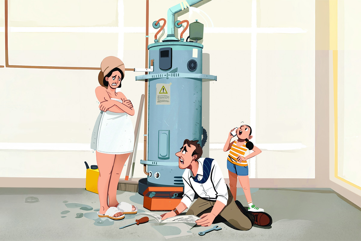 Illustration of family with a broken water heater